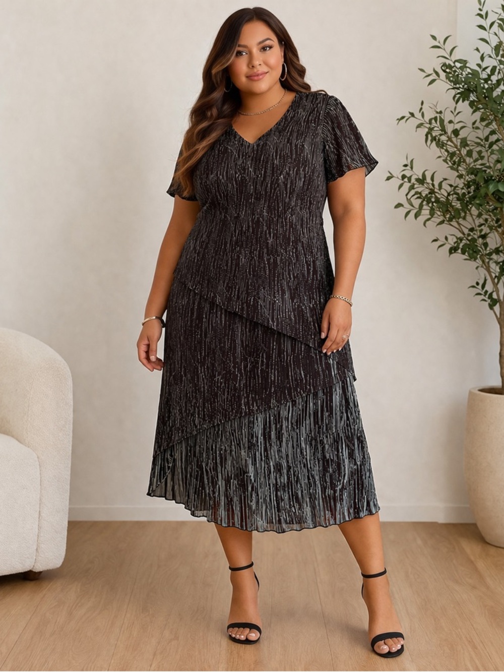 connected apparel Brown tierd Midi Dress teal Accents ruffle